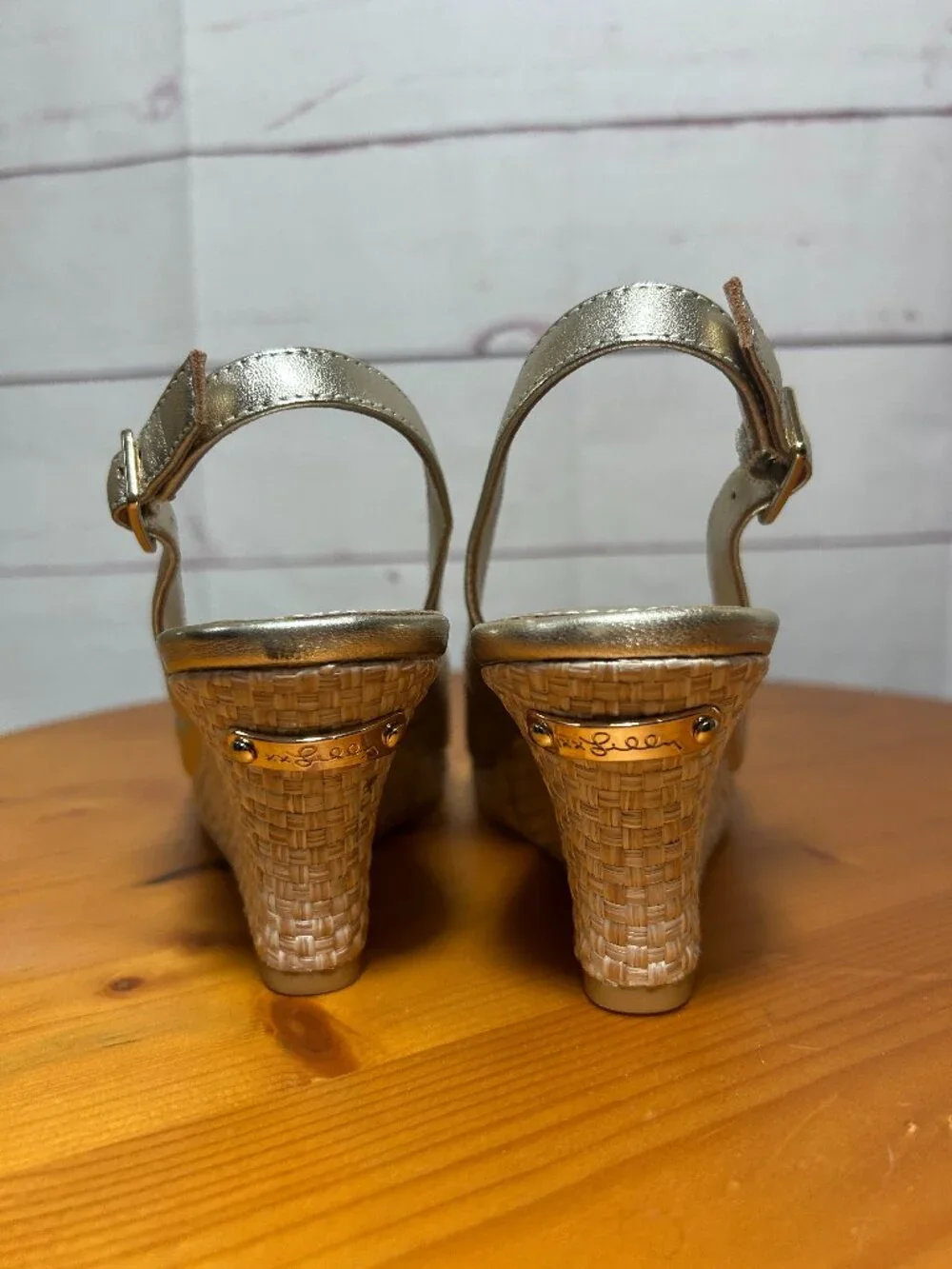 Lilly Pulitzer size 8 Wedge Sandals Gold Metallic Espadrilles Peep Toe leather